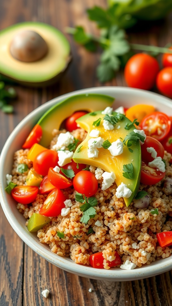 A quinoa bowl filled with colorful vegetables, avocado, feta, and herbs on a rustic wooden table.